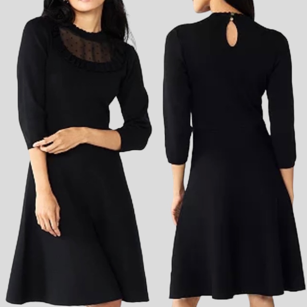 Draper James RSVP Black Sweater Dress Mesh Ruffle Neck 3/4 Sleeves Size M